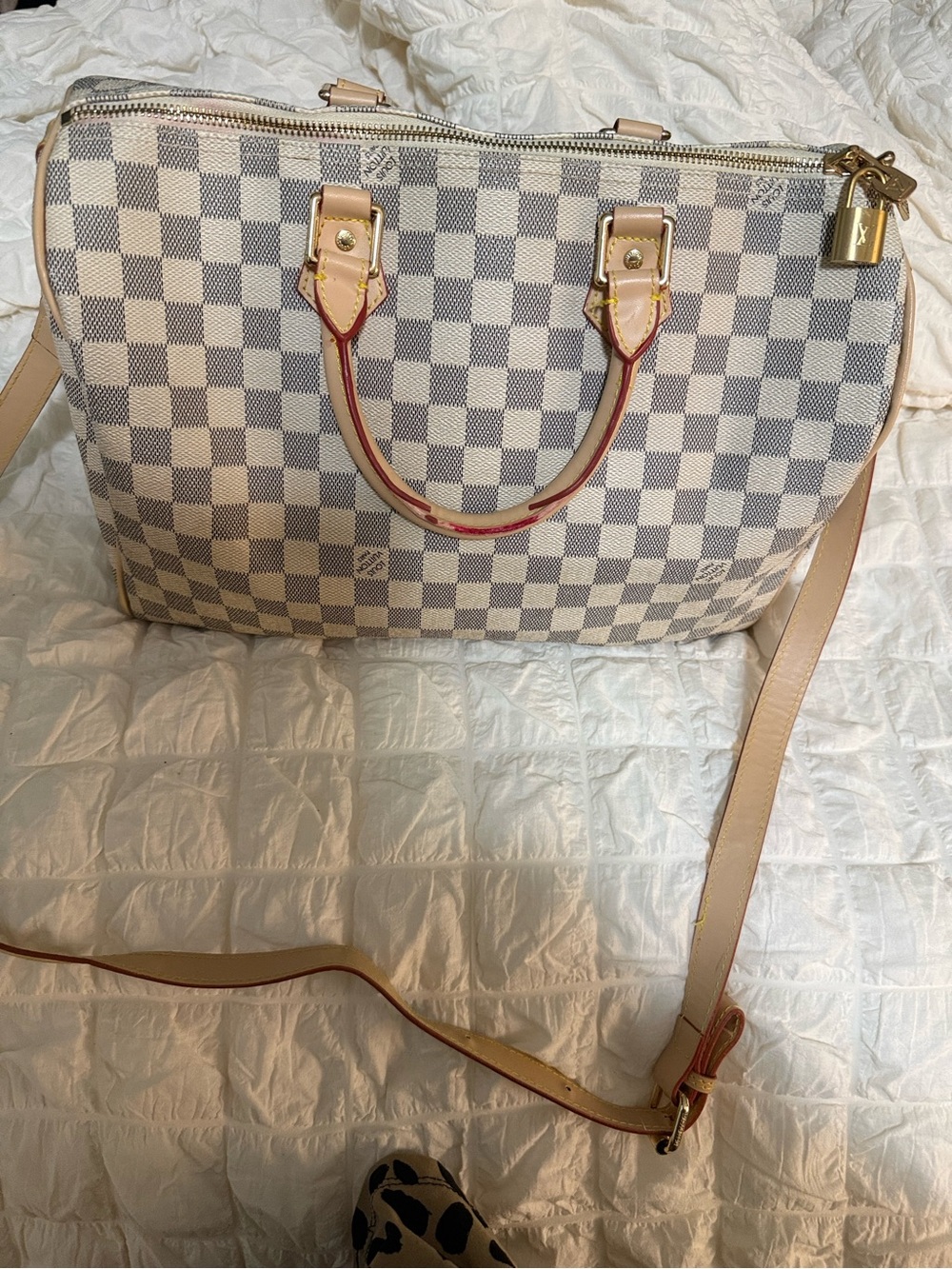 Designer-Inspired Checkered Satchel Bag - Cream/Gray